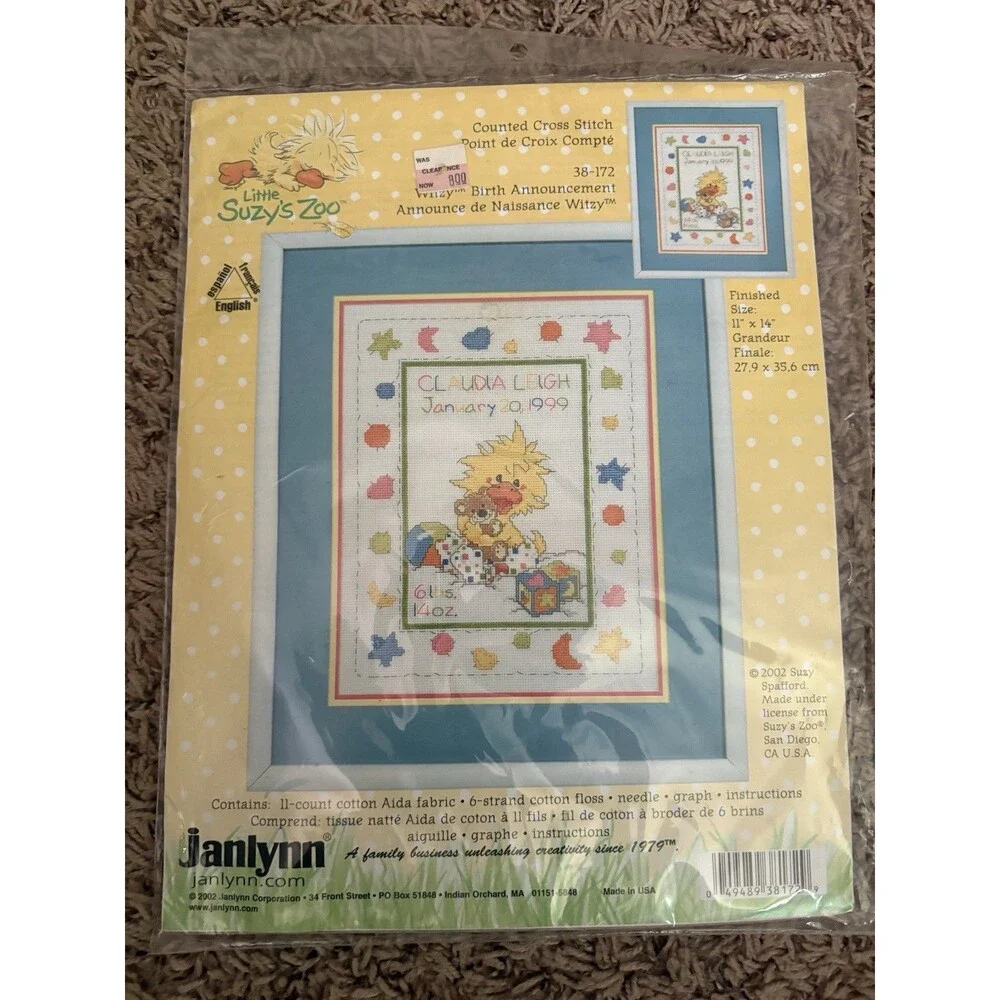 Janlynn Suzy's Zoo Witzy Birth Announcement Counted Cross Stitch Kit  11 